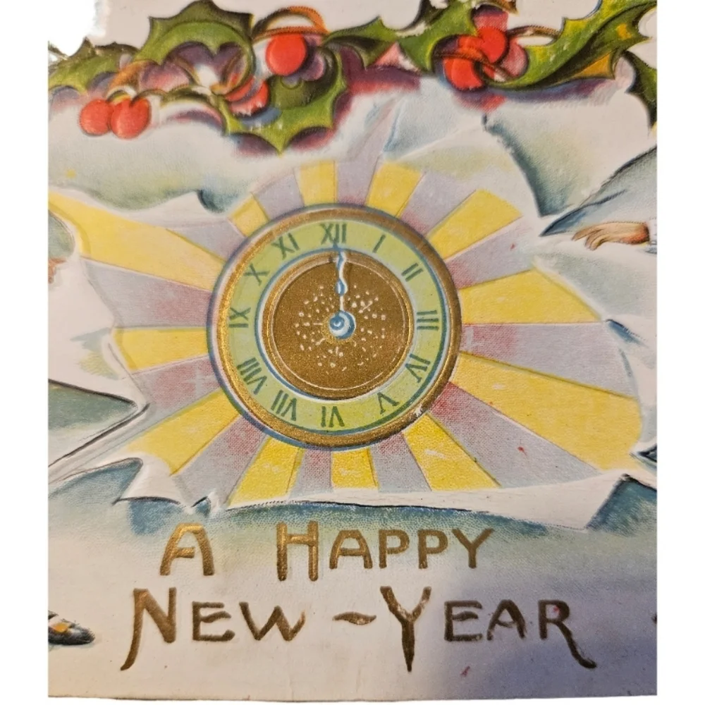 1912 Antique New Year Postcard with Children and Clock Signed